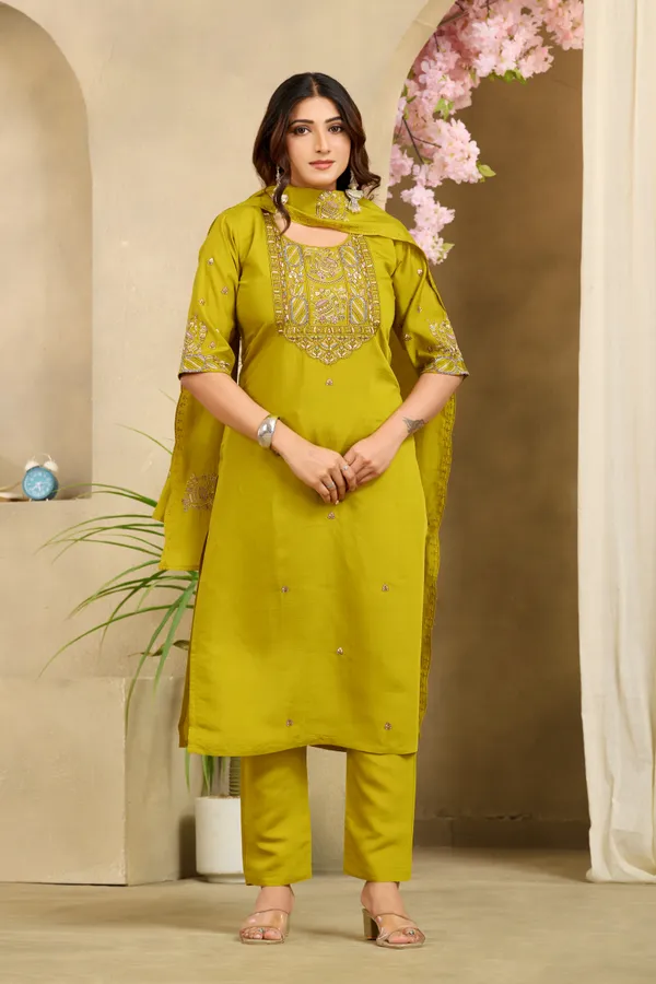 Olive_Green_Roman_Silk_Straight_Kurta_Set_For_Women