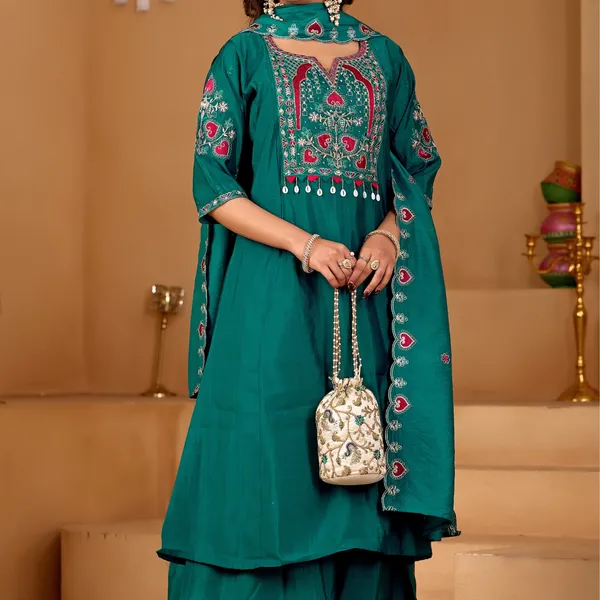 Teal_Two_Tone_Roman_Straight_Kurta_Set_For_Women