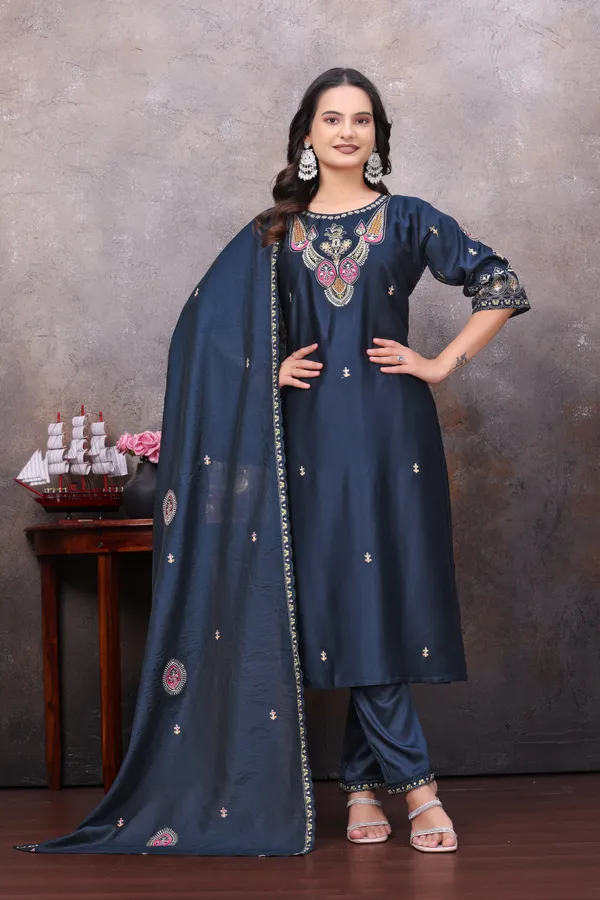 Navy_Gaji_Silk_Kurta_Set_For_Women