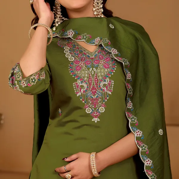 Olive_Green_Roman_Silk_Kurta_Set_For_Women