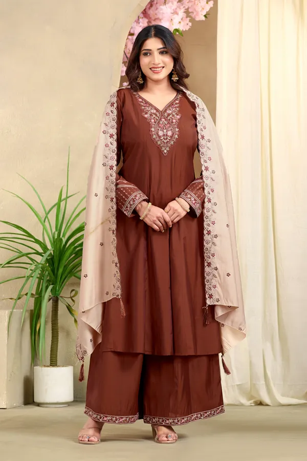 Brown_Roman_Silk_Kurta_Palazzo_Set_For_Women