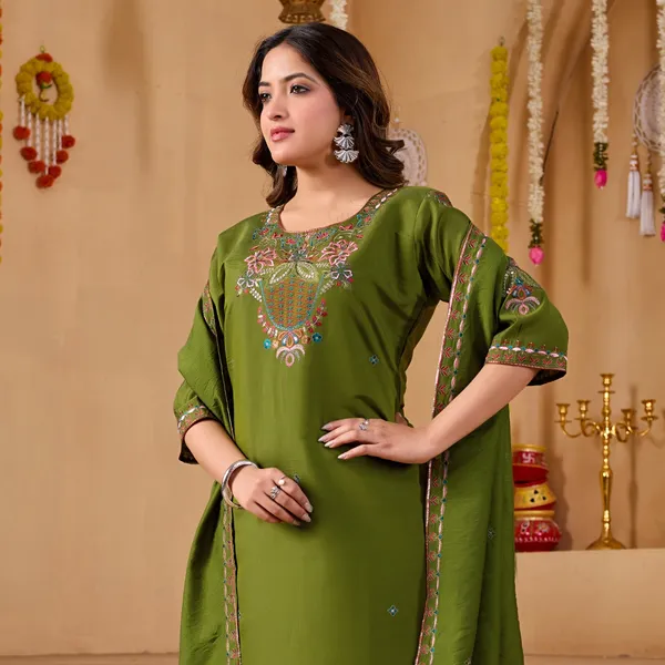 Olive_Green_Two_Tone_Roman_Straight_Kurta_Set_For_Women