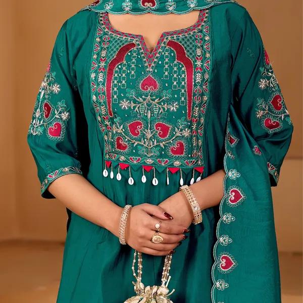 Teal_Two_Tone_Roman_Straight_Kurta_Set_For_Women