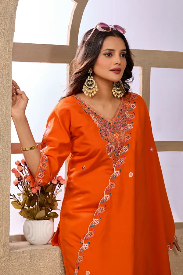 Orange_Roman_Silk_Straight_Kurta_Set_For_Women