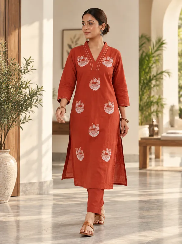 Red_Dabu_Cotton_Straight_Kurta_Set_For_Women