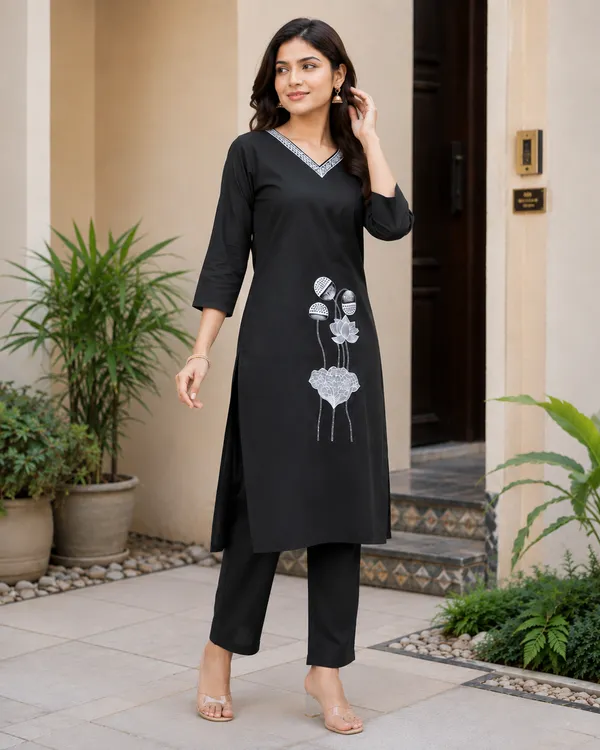 Black_Dabu_Cotton_Kurta_Pant_Set_For_Women