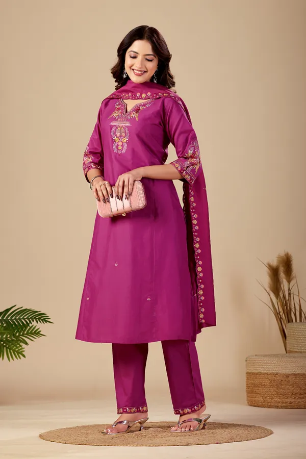 Magenta_Cambric_Cotton_Straight_Kurta_Set_For_Women