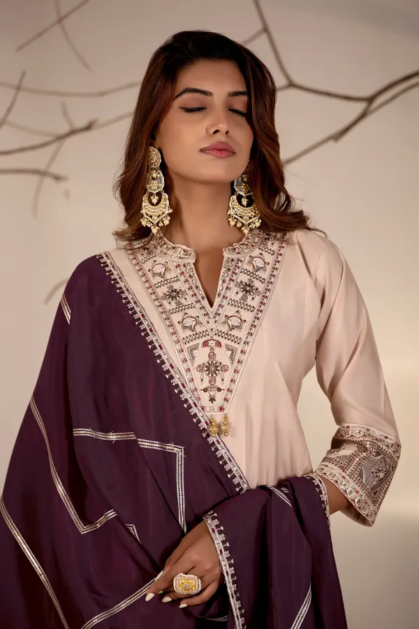 Beige_&_Purple_Roman_Silk_Straight_Kurta_Set_For_Women