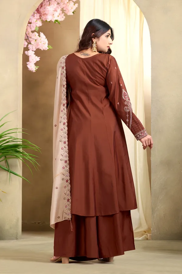 Brown_Roman_Silk_Kurta_Palazzo_Set_For_Women