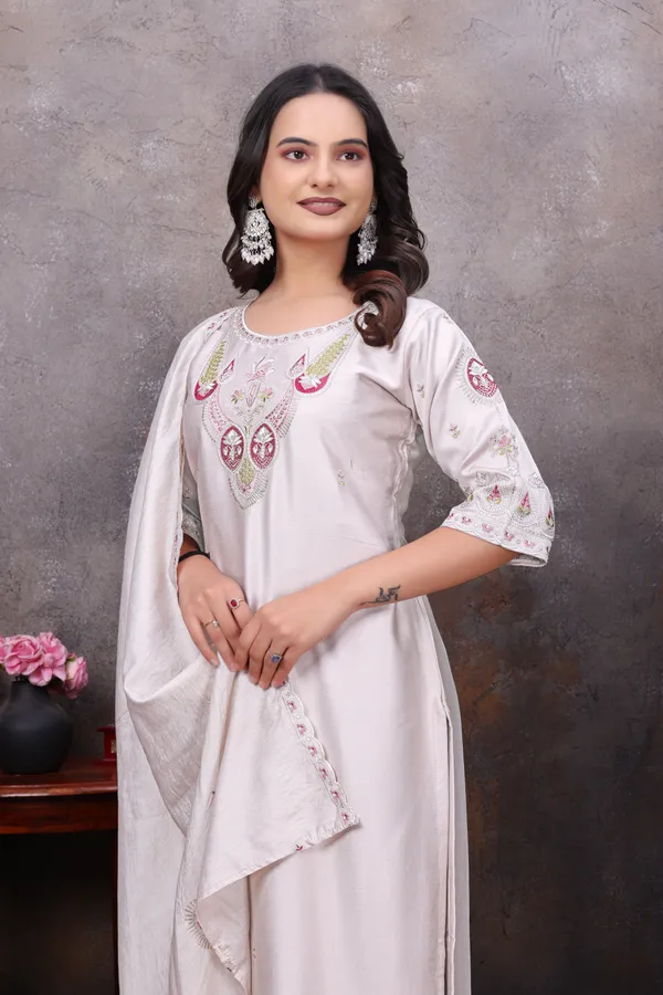 White_Gaji_Silk_Straight_Kurta_Set_For_Women