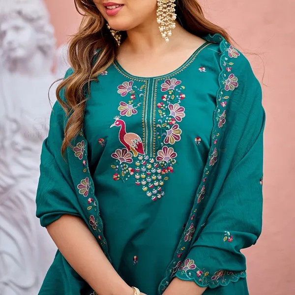 Teal_Roman_Silk_Straight_Kurta_Set_For_Women