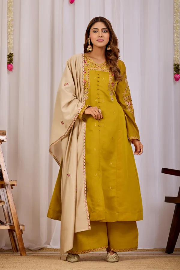 Mustard_Two_Tone_Roman_Silk_Straight_Kurta_Set_For_Women
