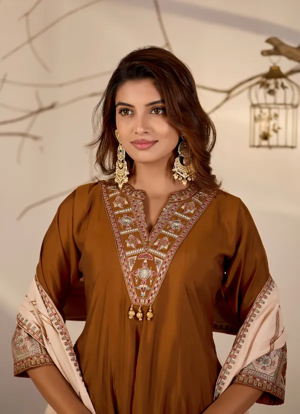 Brown_Roman_Silk_Straight_Kurta_Set_For_Women