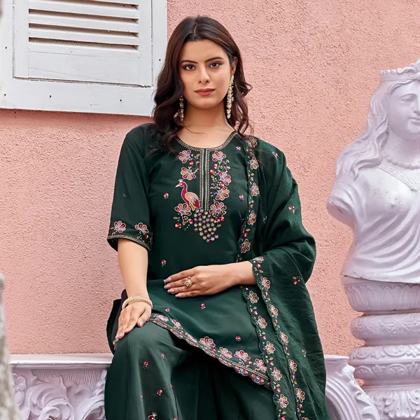 Dark_Green_Roman_Silk_Straight_Kurta_Set_For_Women