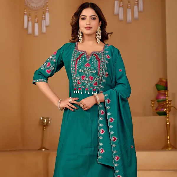 Teal_Two_Tone_Roman_Straight_Kurta_Set_For_Women