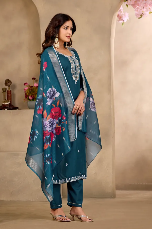Teal_Rayon_Jacquard_Kurta_Set_For_Women
