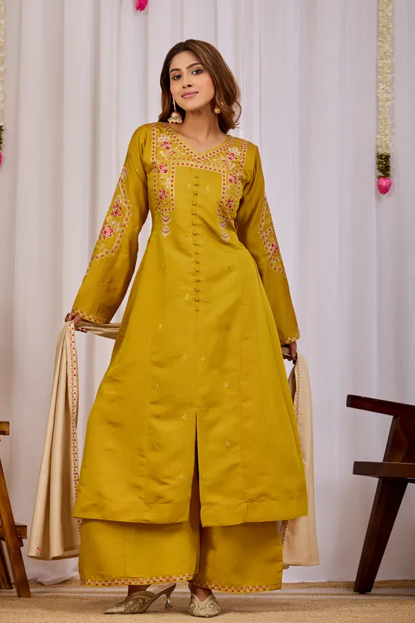 Mustard_Two_Tone_Roman_Silk_Straight_Kurta_Set_For_Women