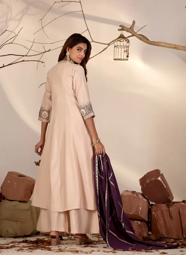 Beige_&_Purple_Roman_Silk_Straight_Kurta_Set_For_Women