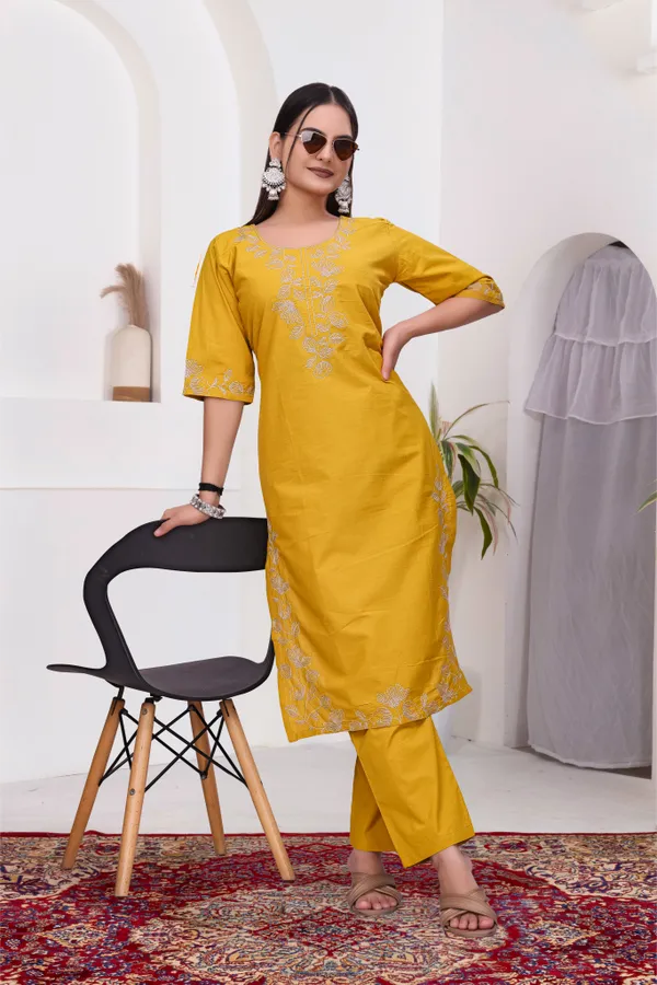 Mustard_Dabu_Cotton_Straight_Kurta_Set_For_Women