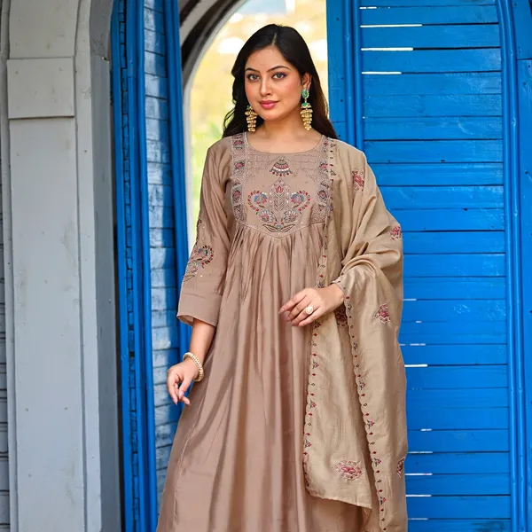 Beige_Roman_Silk_Anarkali_Kurta_Set_With_Dupatta_For_Women