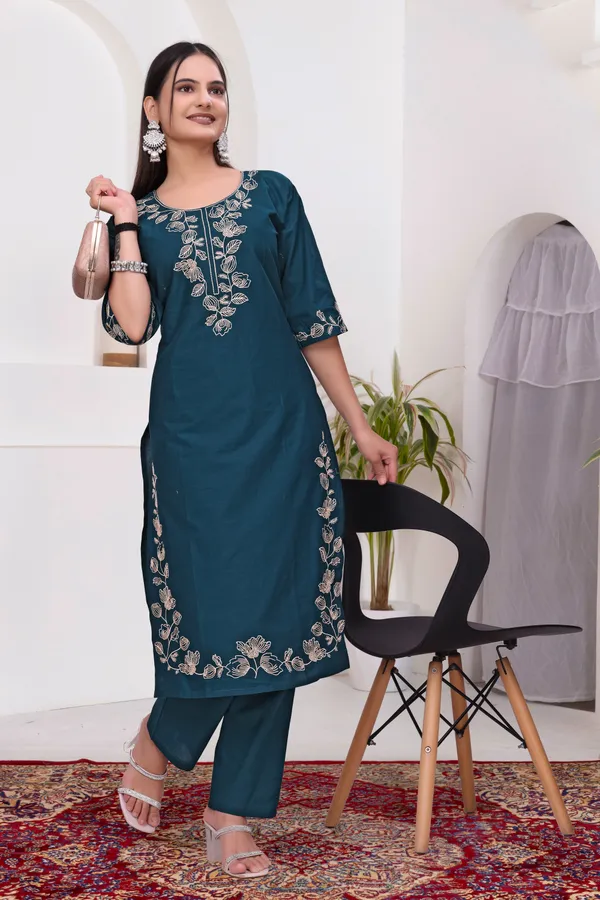 Teal_Dabu_Cotton_Straight_Kurta_Set_For_Women