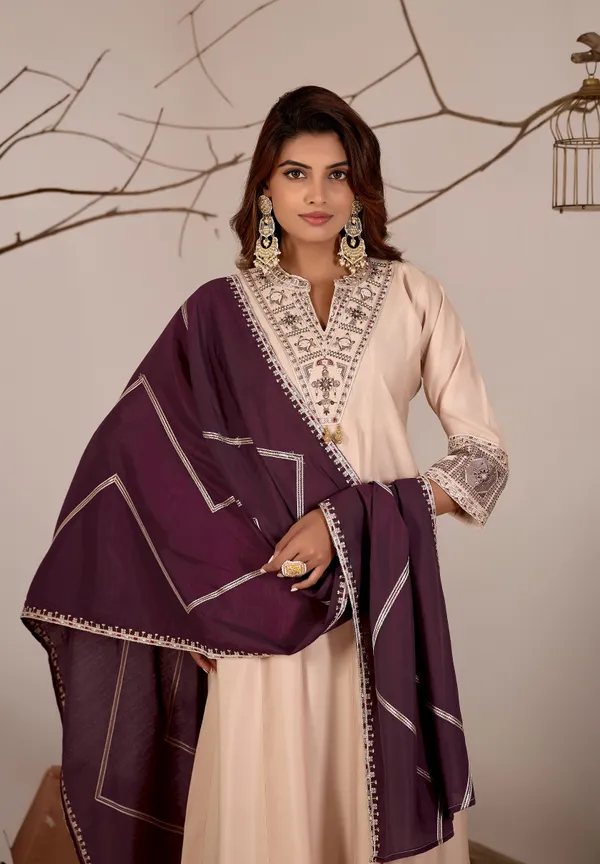 Beige_&_Purple_Roman_Silk_Straight_Kurta_Set_For_Women