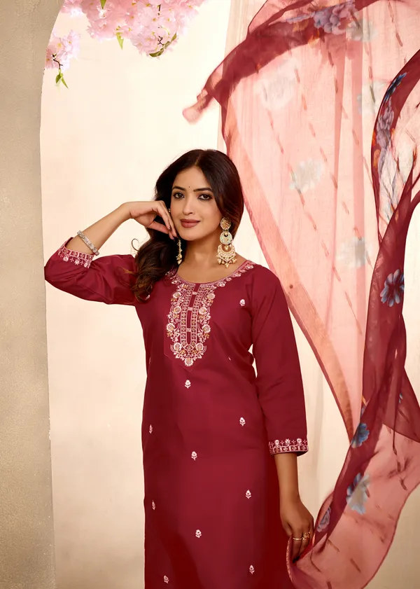 Maroon_Rayon_Jacquard_Straight_Kurta_Set_For_Women