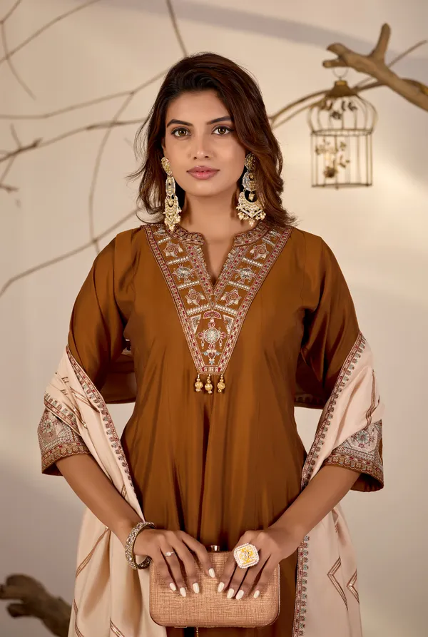Brown_Roman_Silk_Straight_Kurta_Set_For_Women