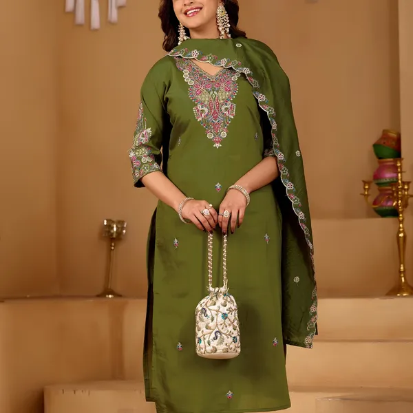 Olive_Green_Roman_Silk_Kurta_Set_For_Women