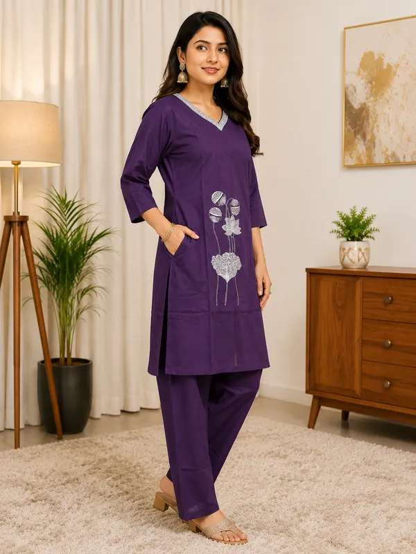 Purple_Dabu_Cotton_Straight_Kurta_Pant_Set_For_Women