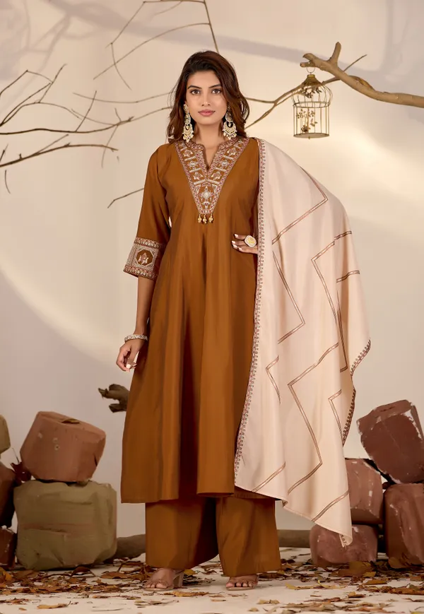 Brown_Roman_Silk_Straight_Kurta_Set_For_Women