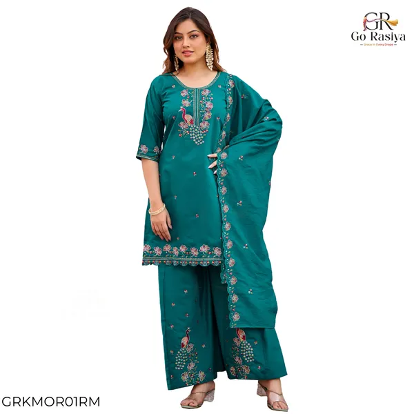 Teal_Roman_Silk_Straight_Kurta_Set_For_Women