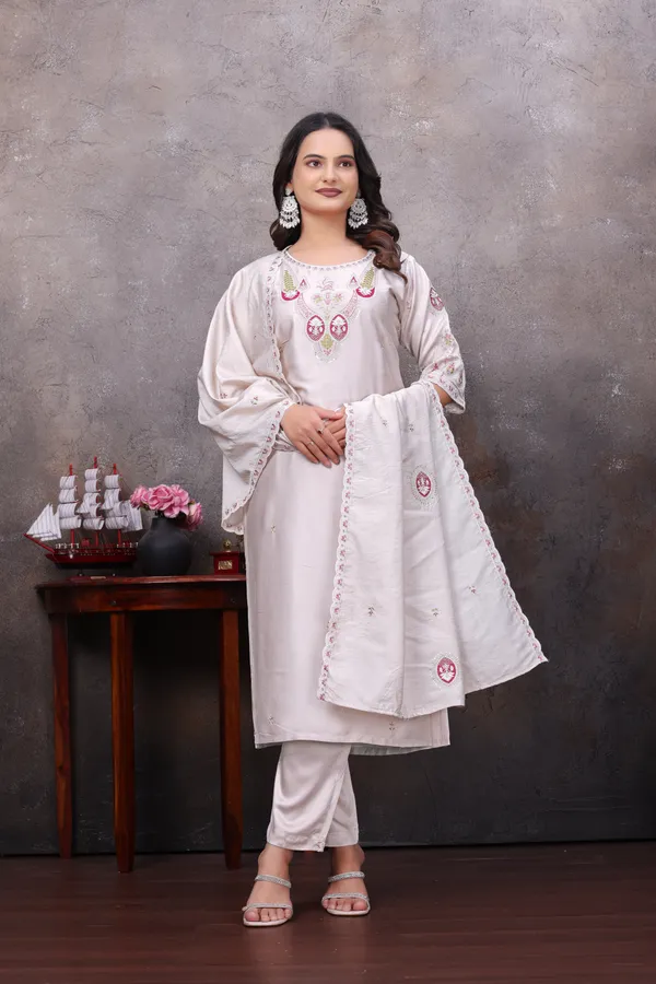 White_Gaji_Silk_Straight_Kurta_Set_For_Women