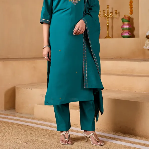 Teal_Two_Tone_Roman_Straight_Kurta_Set_For_Women