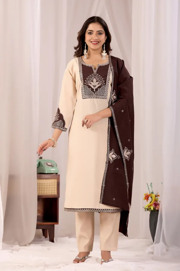 Beige_Roman_Silk_Straight_Kurta_Set_For_Women