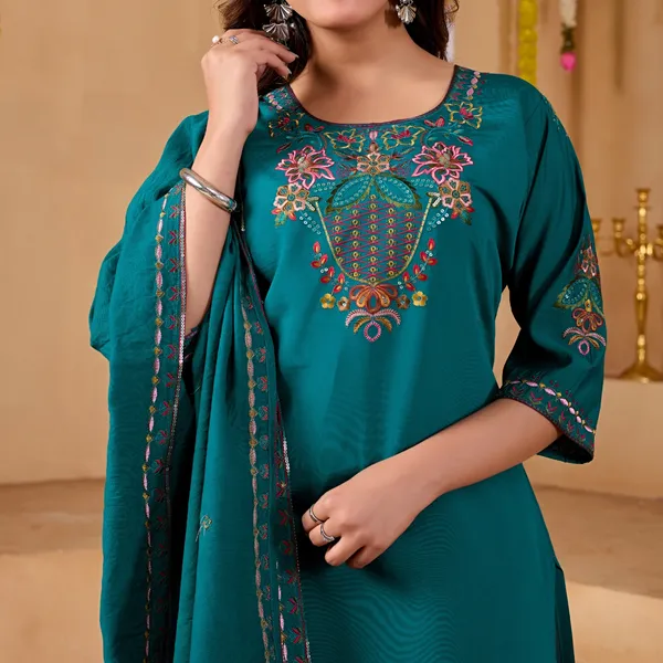 Teal_Two_Tone_Roman_Straight_Kurta_Set_For_Women