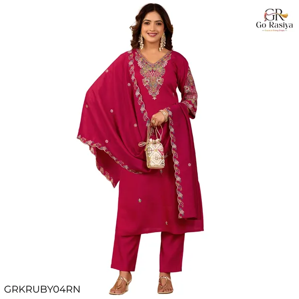 Magenta_Roman_Silk_Straight_Kurta_Set_For_Women