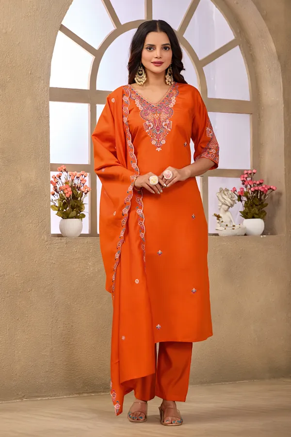 Orange_Roman_Silk_Straight_Kurta_Set_For_Women