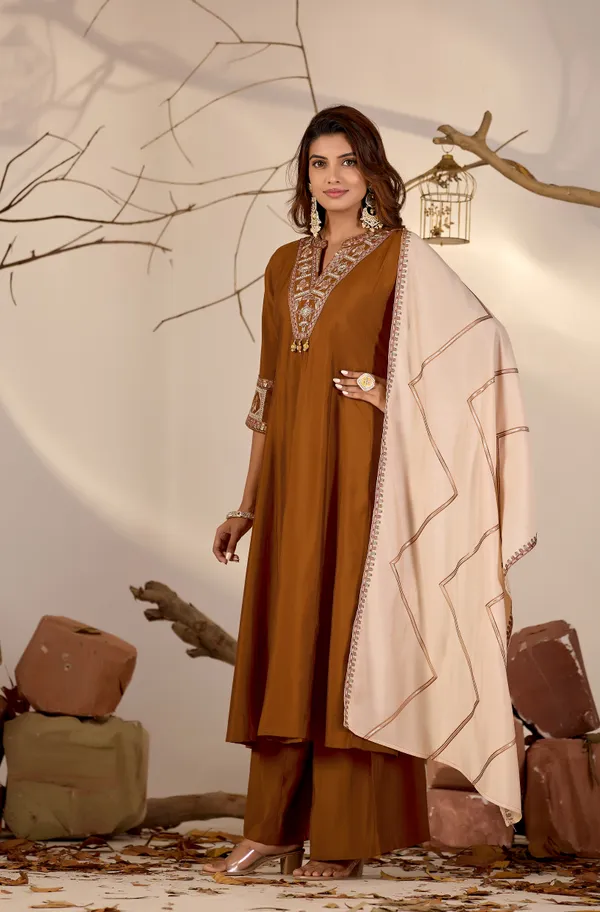 Brown_Roman_Silk_Straight_Kurta_Set_For_Women