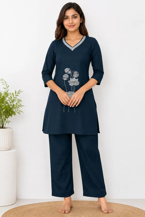 Navy_Blue_Dabu_Cotton_Kurta_Pant_Set_For_Women
