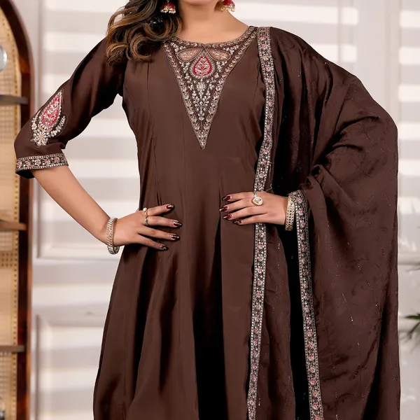 Brown_Roman_Silk_Kurta_Set_For_Women