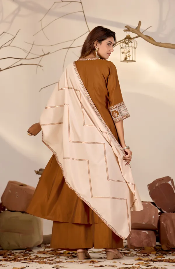 Brown_Roman_Silk_Straight_Kurta_Set_For_Women