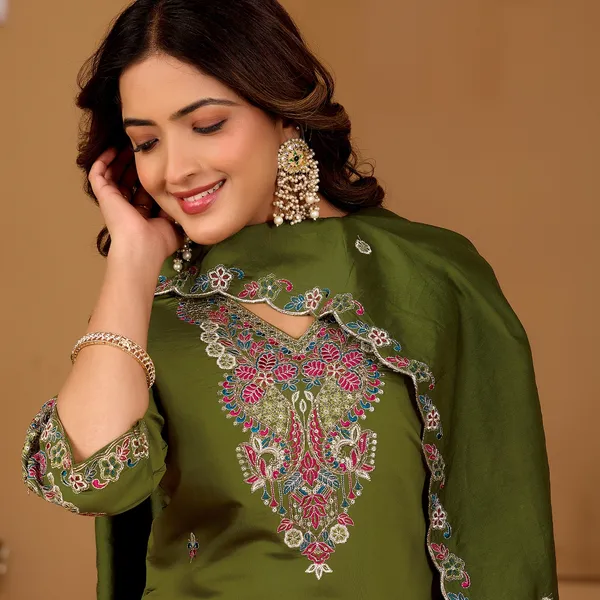 Olive_Green_Roman_Silk_Kurta_Set_For_Women