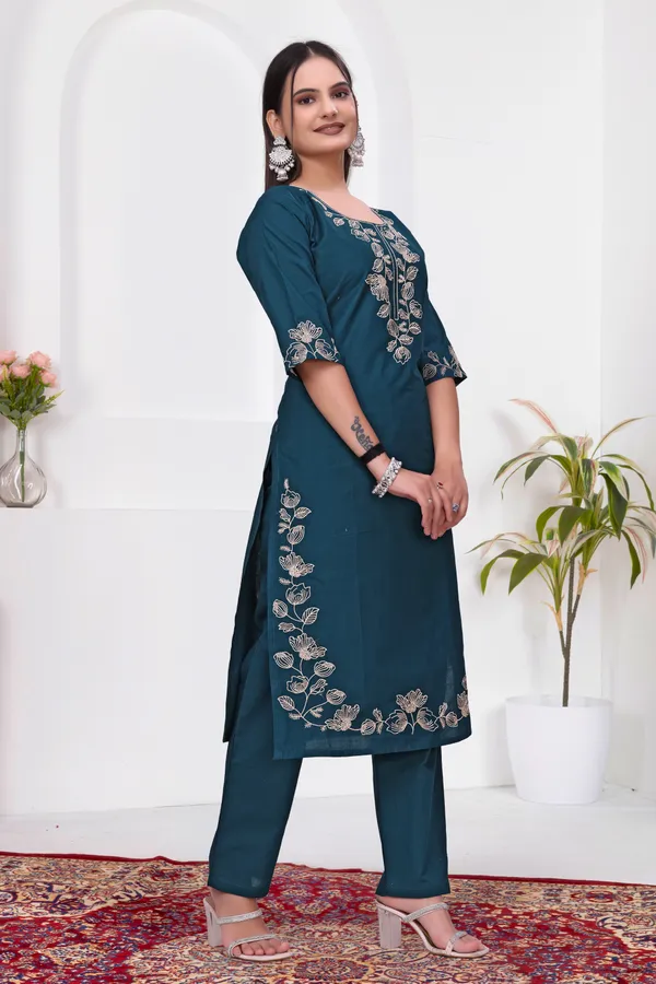 Teal_Dabu_Cotton_Straight_Kurta_Set_For_Women