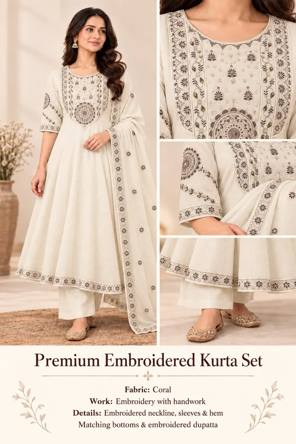 Cream_Coral_Anarkali_Kurta_Set_For_Women