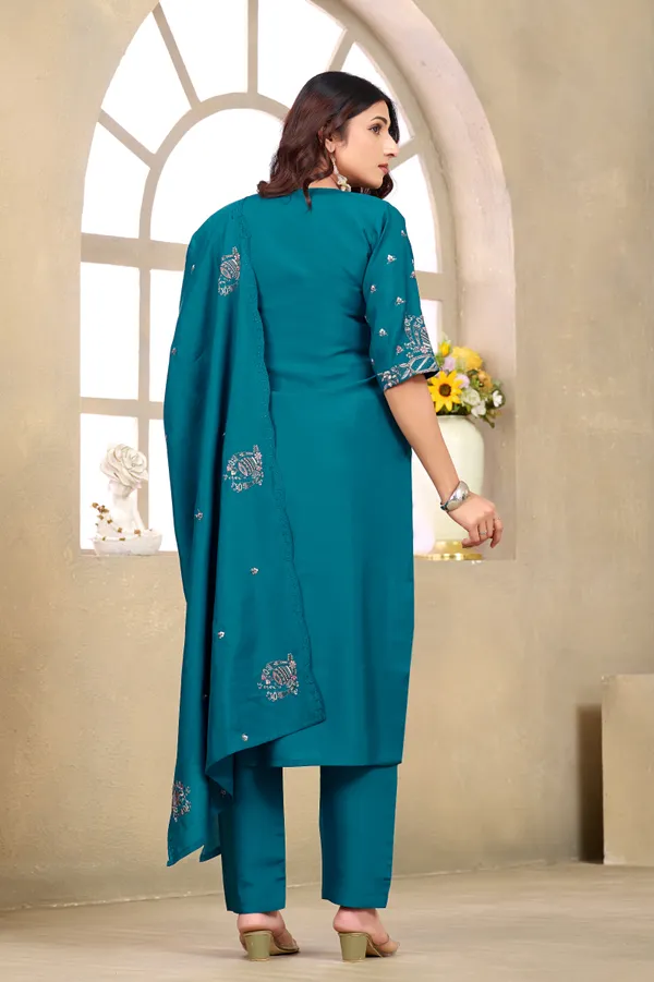 Teal_Roman_Silk_Straight_Kurta_Set_For_Women
