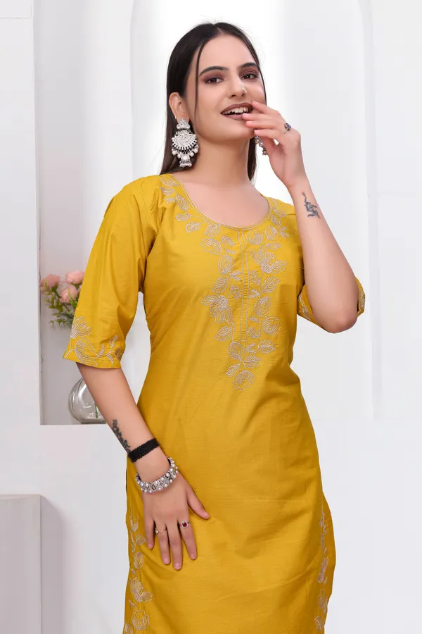 Mustard_Dabu_Cotton_Straight_Kurta_Set_For_Women