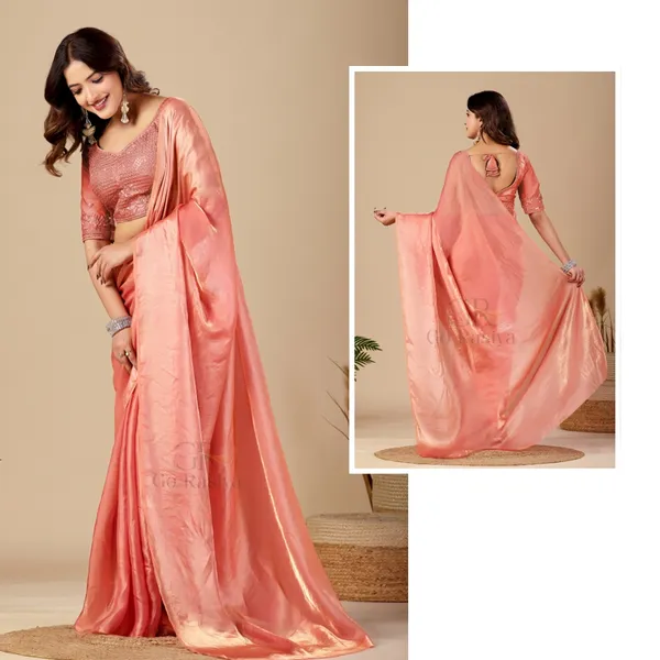 Peach_Fancy_Satin_Saree_With_Blouse_For_Women