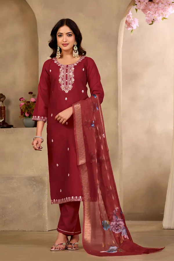 Maroon_Rayon_Jacquard_Straight_Kurta_Set_For_Women