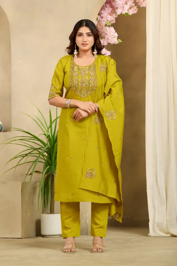 Olive_Green_Roman_Silk_Straight_Kurta_Set_For_Women